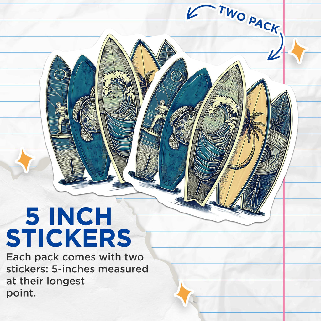 (2 Pack) Surfboard Art Stickers - Ocean Wave Stickers - Beach Life Stickers - 5" On Longest Side - Sticks to Any Smooth Flat Surface - Made in USA - BMCS3576
