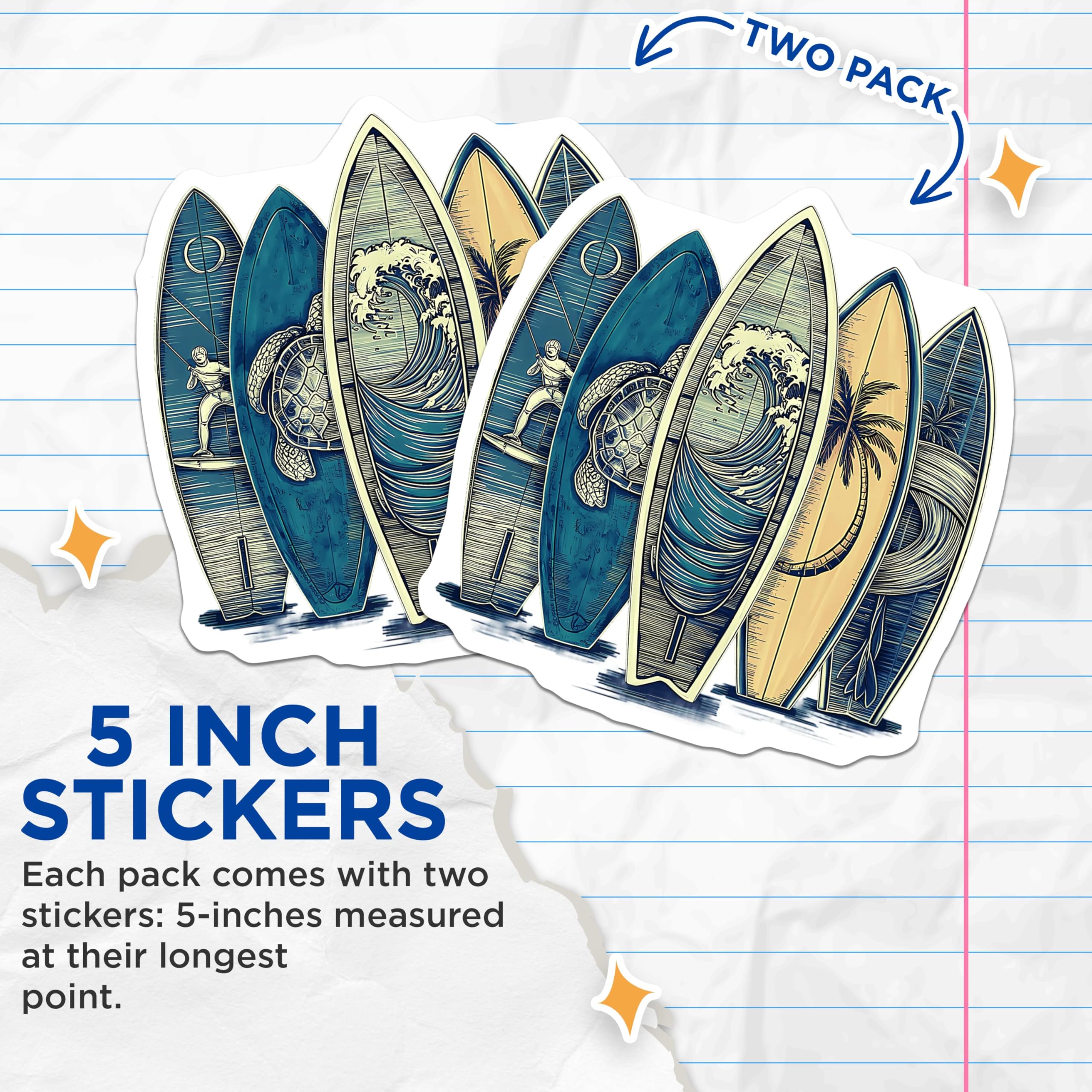 (2 Pack) Surfboard Art Stickers - Ocean Wave Stickers - Beach Life Stickers - 5" On Longest Side - Sticks to Any Smooth Flat Surface - Made in USA - BMCS3576