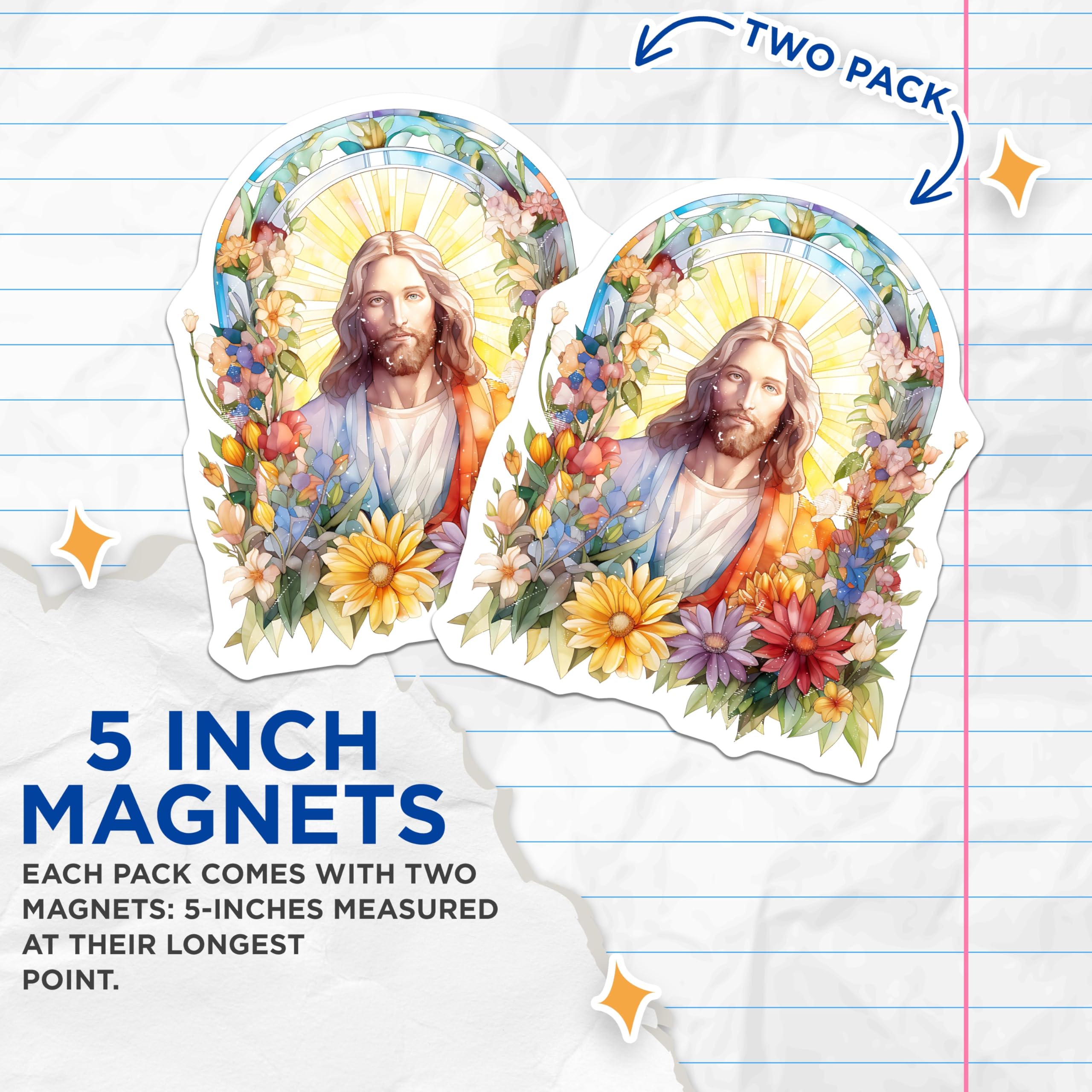 (2 Pack) Jesus Christ Magnets - Stained Glass Floral Art - Christian Spiritual Decor - Faith Home Inspiration - 5 Inches On Longest Side - Thick Durable Magnet - Made in USA - MAG24450