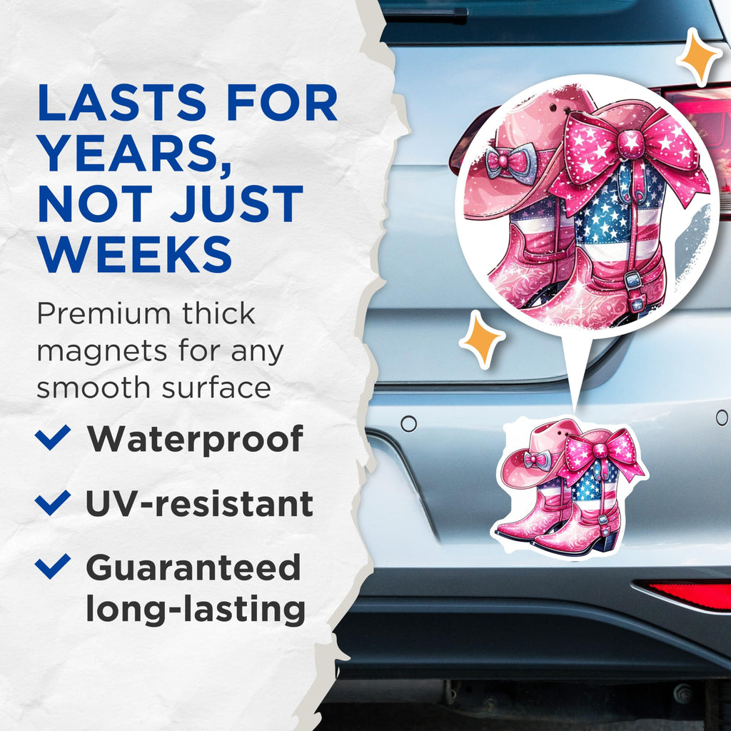 (2 Pack) Cowgirl Boot Magnets - Pink Cowboy Hat - American Flag Decoration - 5" On Longest Side - Premium Magnet - for Cars, Refrigerators, Toolboxes, Lockers - Made in USA - MAG17115