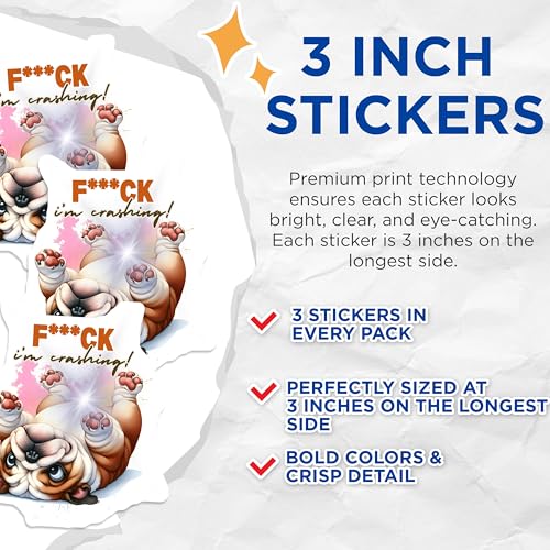 (3 Pack) Funny Dog Decals - Bulldog Laptop - Crashing Bulldog- 3 Inches On Longest Side - Easy Peel & Apply - Made in USA - 3MCS5414