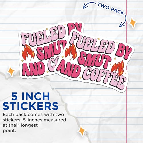 (2 Pack) Fueled by Smut and Coffee Stickers - Quirky Funny Stickers - Unique Quote Vinyl Decal - 5" On Longest Side - Sticks to Smooth Flat Surfaces - Made in USA - BMCS3923
