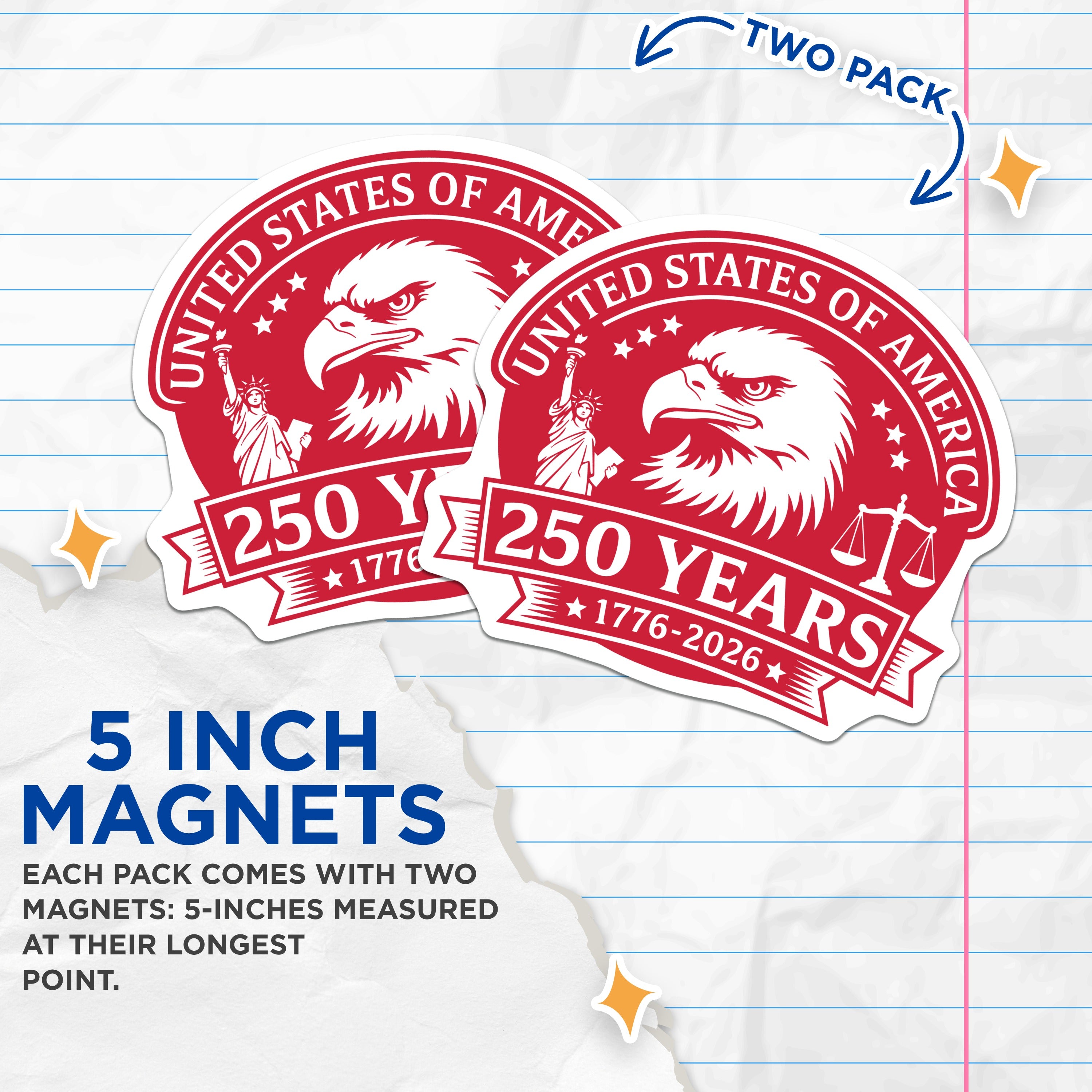 (2 Pack) USA 250th Anniversary Magnets - Patriotic American Decor - Bald Eagle Statue of Liberty Scales - 5 Inches On Longest Side - Thick Durable Magnet - Made in USA - MAG39789
