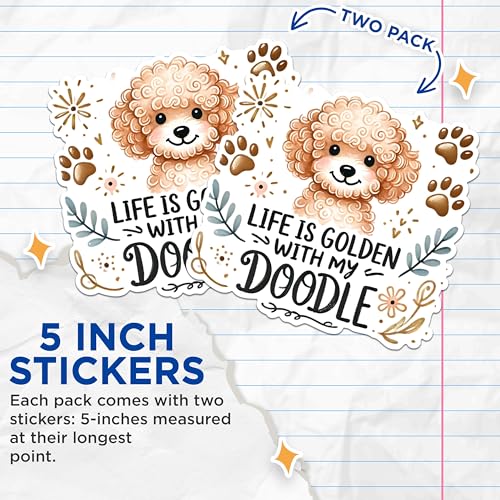 (2 Packs) Life is Golden with My Doodle Stickers - Golden Doodle Dog Breed Decals - 5 Inches On Longest Side - Premium Vinyl Decal - Sticks to Any Smooth Flat Surface - Made in USA - BMCS2383