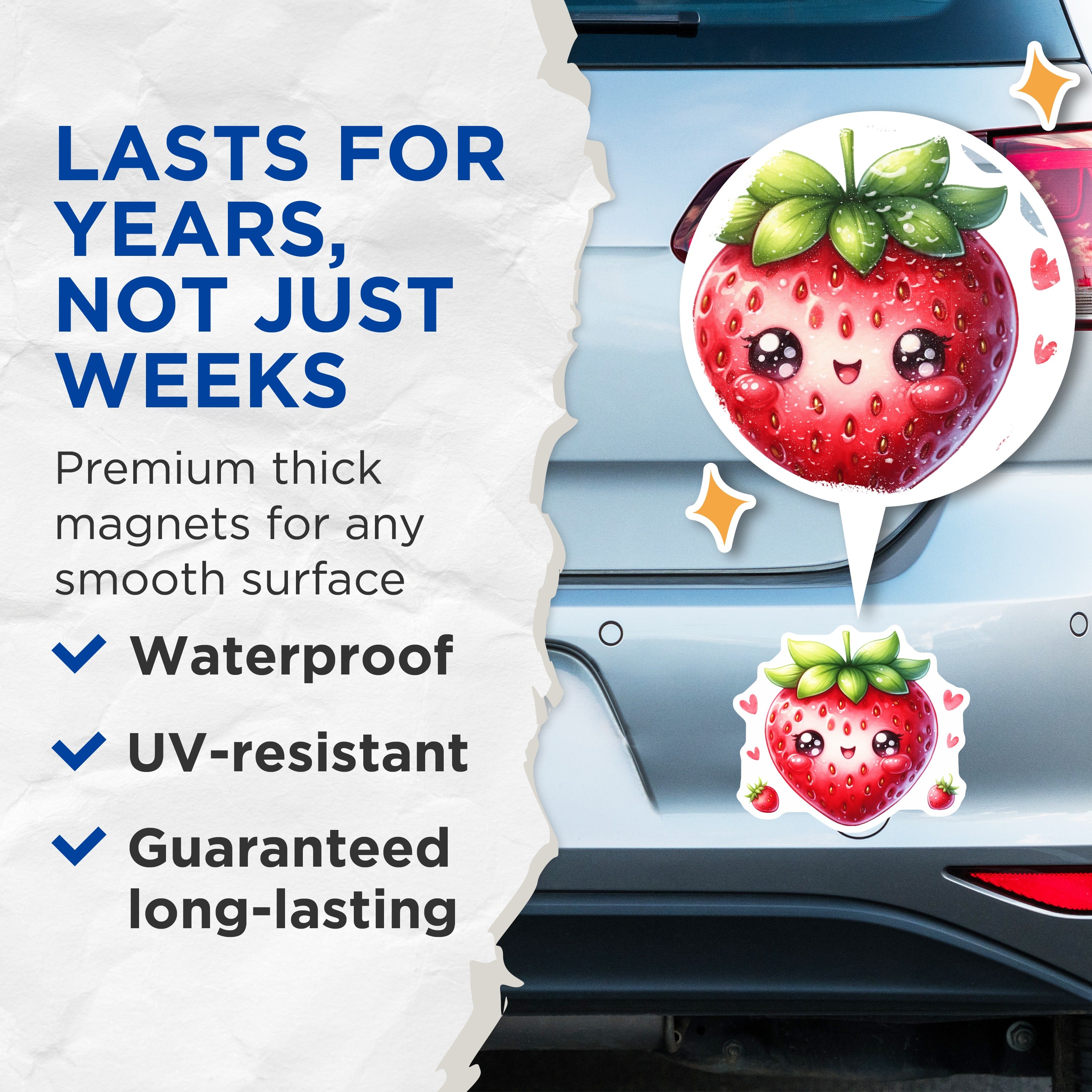 (2 Pack) Cute Strawberry Magnets - Kawaii Fridge Decor - Aesthetic Fruit Art for Kitchen - 5 Inches On Longest Side - Thick Durable Magnet - Made in USA - MAG37869