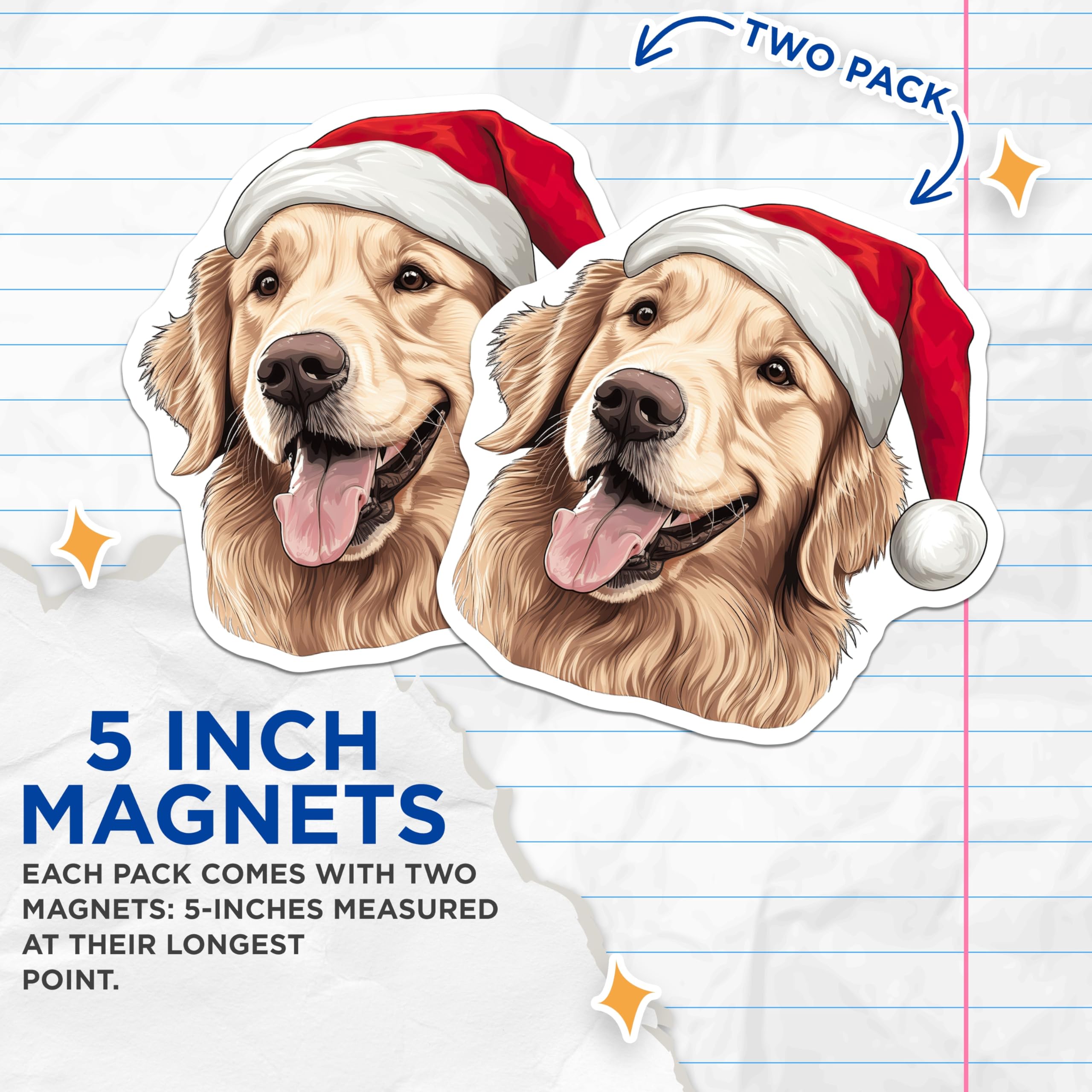 (2 Pack) Golden Retriever Christmas Magnets - Santa Hat Dog Decor - Holiday Animal Refrigerator - Festive Pet Lover Accent - 5 Inches On Longest Side - Thick Durable Magnet - Made in USA - MAG23919