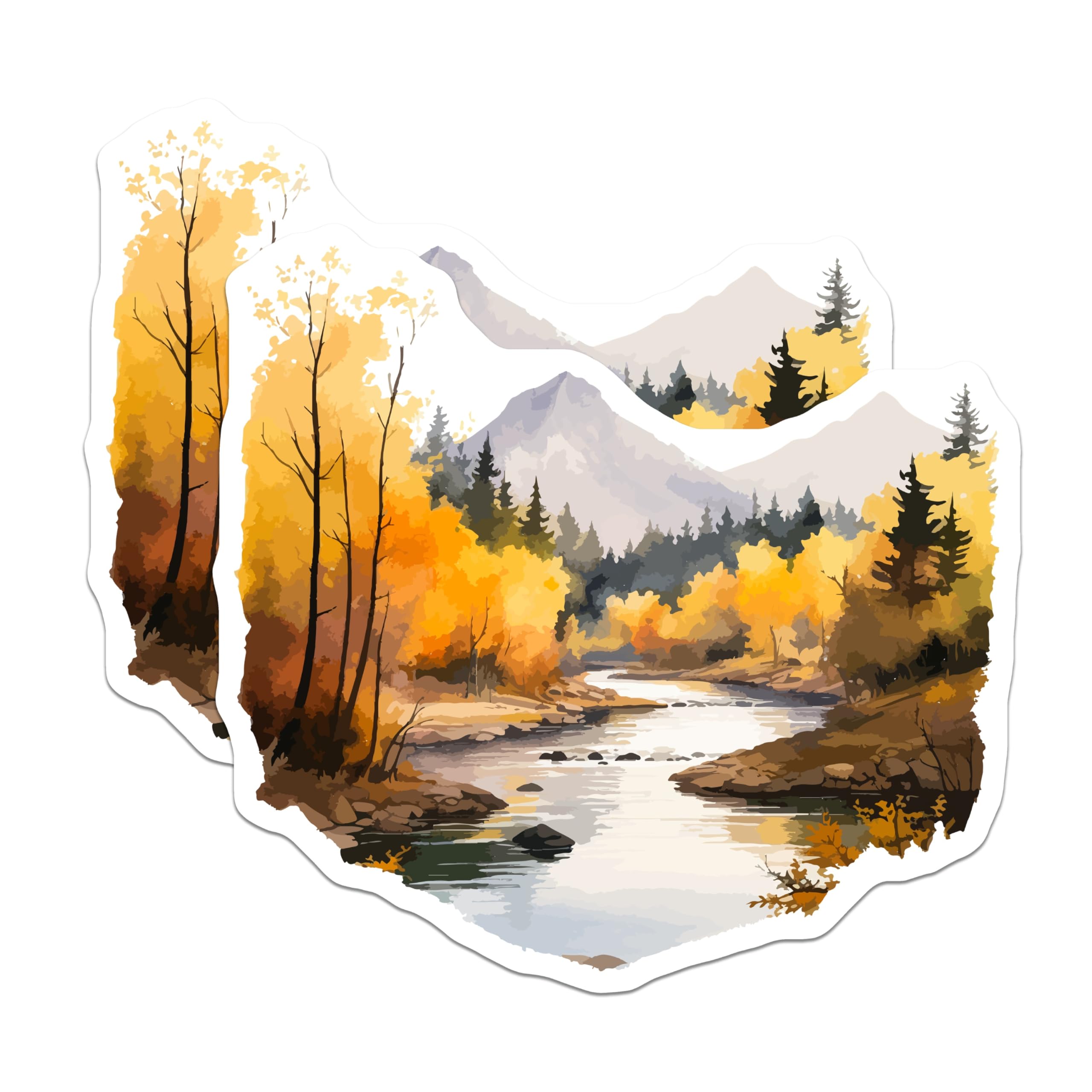 (2 Pack) Autumn Landscape Stickers - Fall Forest River Scenery - Mountain Stream Art - 5" On Longest Side - Sticks to Smooth Flat Surfaces - Made in USA - BMCS20114