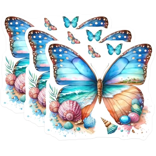 (3 Pack) Butterfly Beach Decals - Watercolor Stickers - Seashell Ocean Decals- 3 Inches On Longest Side - Easy Peel & Apply - Made in USA - 3MCS5222