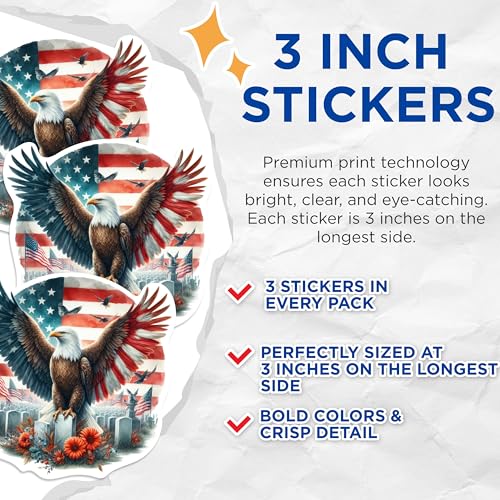 (3 Pack) American Eagle Decals - Patriotic Stickers - USA Flag Stickers - 3 Inches On Longest Side - Easy Peel & Apply - Made in USA - 3MCS0251