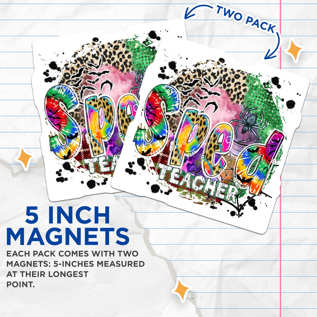 (2 Pack) SPED Teacher Appreciation Magnets - Halloween Classroom Decoration - Spooky Leopard Tie Dye Bats Spider Design - 5 Inches On Longest Side - Thick Durable Magnet - Made in USA - MAG20825