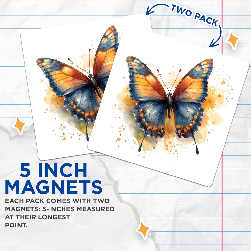 (2 Pack) Watercolor Butterfly Magnets - Vibrant Nature Aesthetic - Fridge Locker Decor - 5 Inches On Longest Side - Thick Durable Magnet - Made in USA - MAG23896