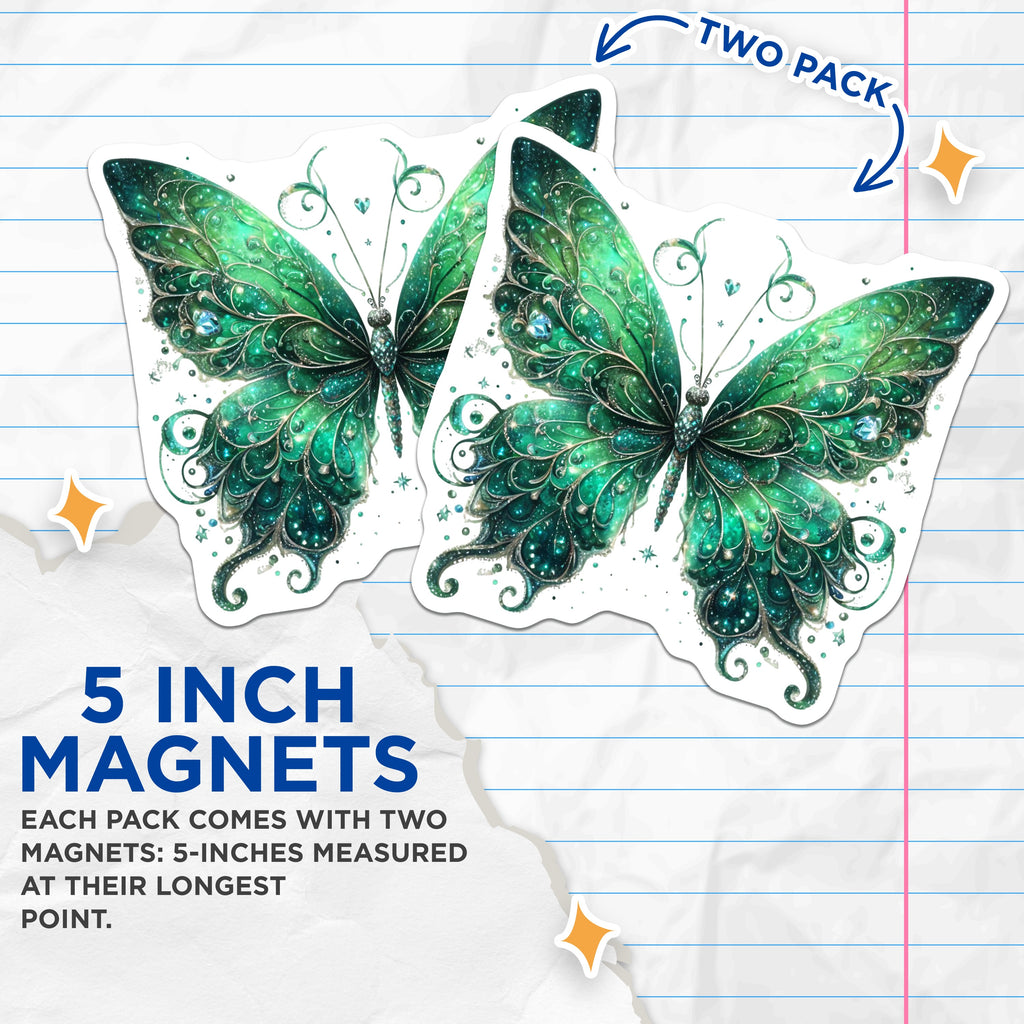 (2 Pack) Emerald Butterfly Magnets - Enchanted Fridge Decor - Whimsical Aesthetic Art - 5 Inches On Longest Side - Thick Durable Magnet - Made in USA - MAG37767
