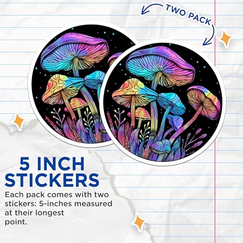(2 Pack) Psychedelic Mushroom Stickers - Rainbow Shroom Decals - Trippy Sticker Art - Mushroom Lover - 5" On Longest Side - Sticks to Smooth Flat Surfaces - Made in USA - BMCS6433