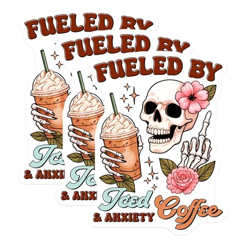 (3 Pack) Fueled by Iced Coffee Decals - Skull with Flower - Funny Laptop Decal - 3 Inches On Longest Side - Easy Peel & Apply - Made in USA - 3MCS8530