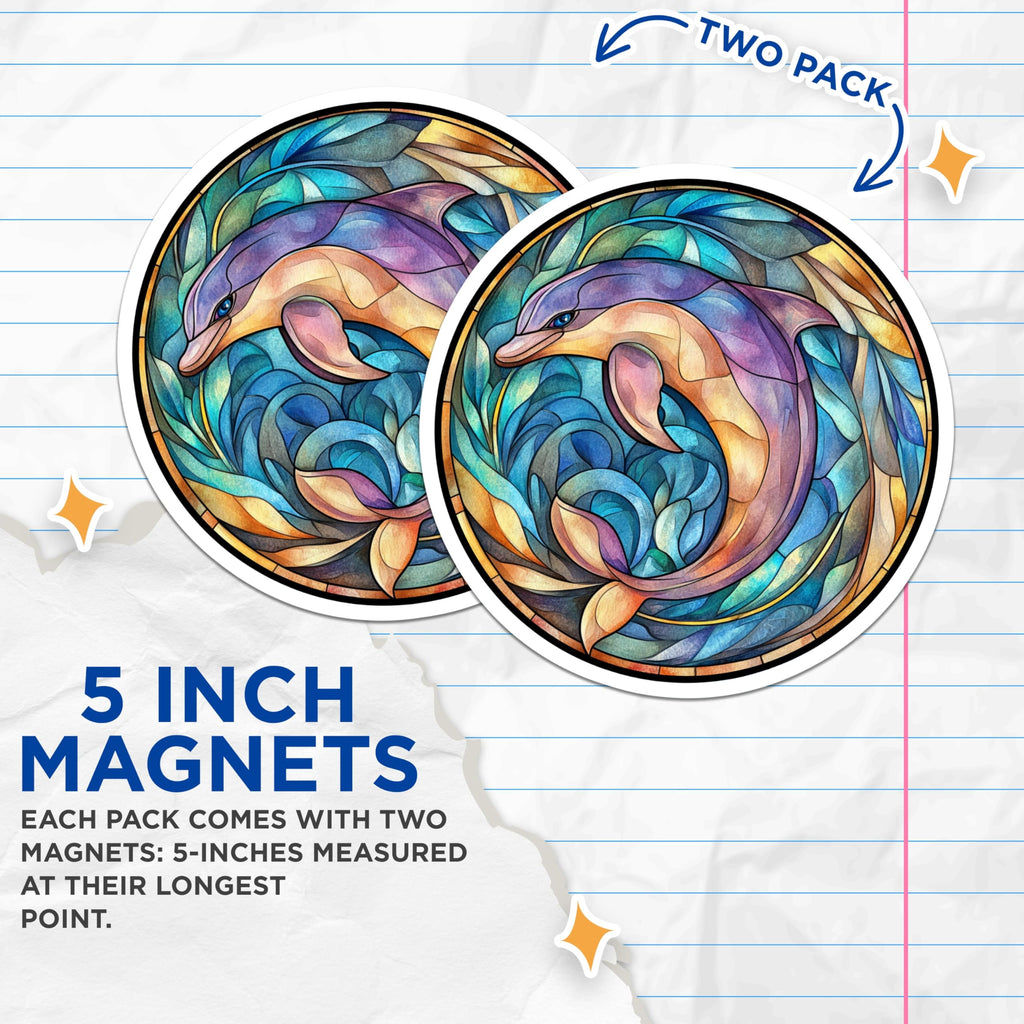 (2 Pack) Stained Glass Dolphin Magnets - Ocean Animal Decor - Marine Life Fridge Art - Vibrant Aquatic Mosaic Design - 5 Inches On Longest Side - Thick Durable Magnet - Made in USA - MAG28442