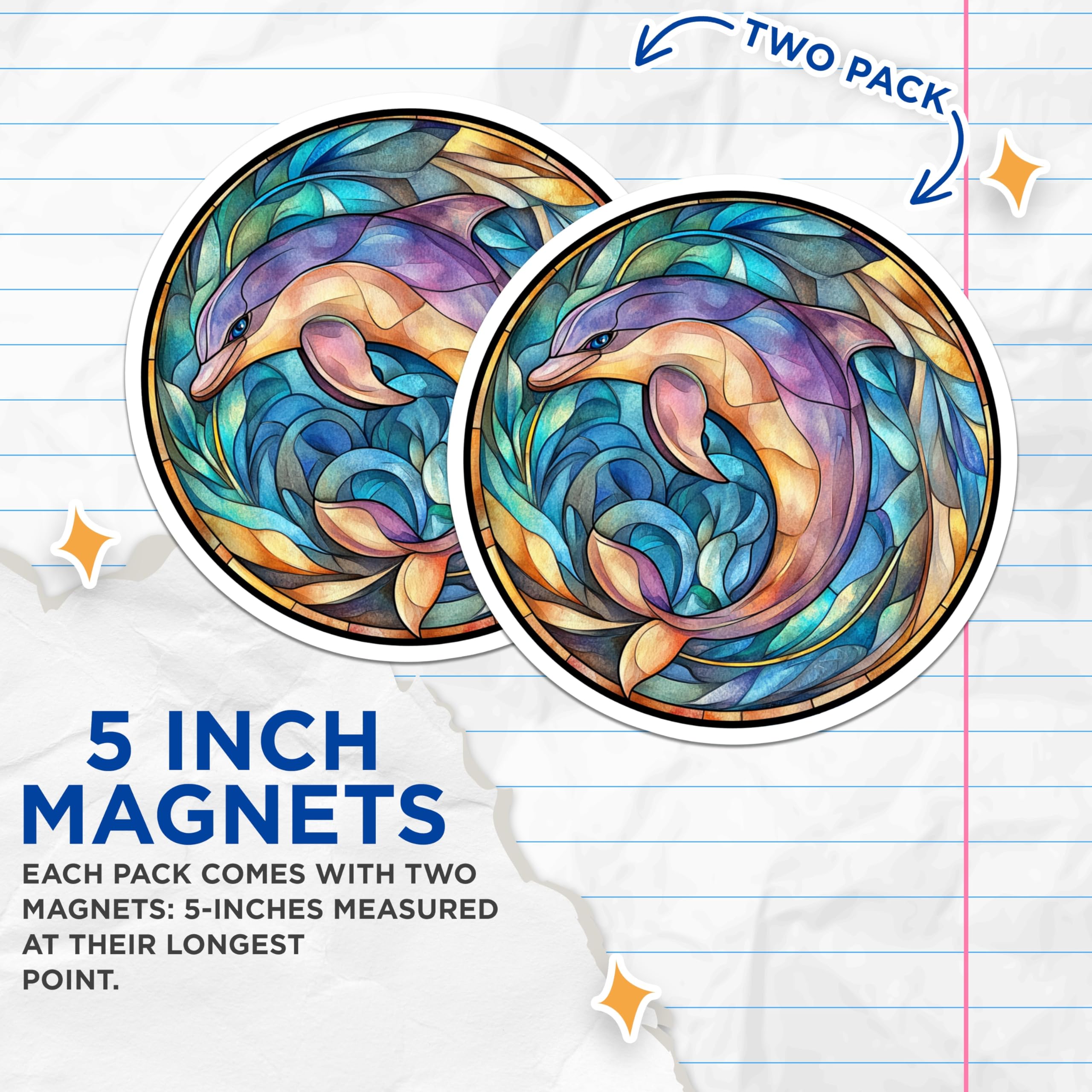 (2 Pack) Stained Glass Dolphin Magnets - Ocean Animal Decor - Marine Life Fridge Art - Vibrant Aquatic Mosaic Design - 5 Inches On Longest Side - Thick Durable Magnet - Made in USA - MAG28442