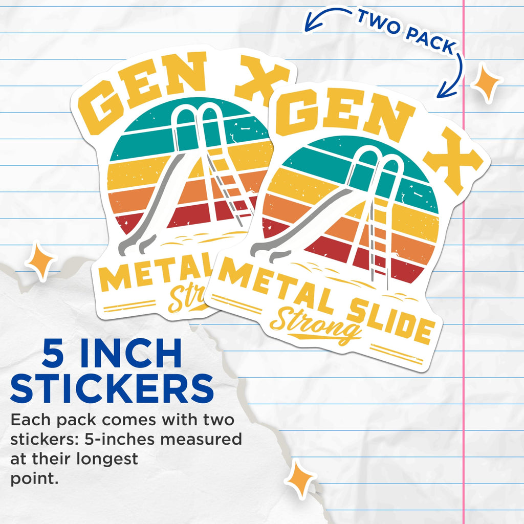 (2 Pack) Retro Gen X Stickers - Metal Slide Nostalgia - Vintage 1980s 1990s Design - 5" On Longest Side - Sticks to Smooth Flat Surfaces - Made in USA - BMCS5598