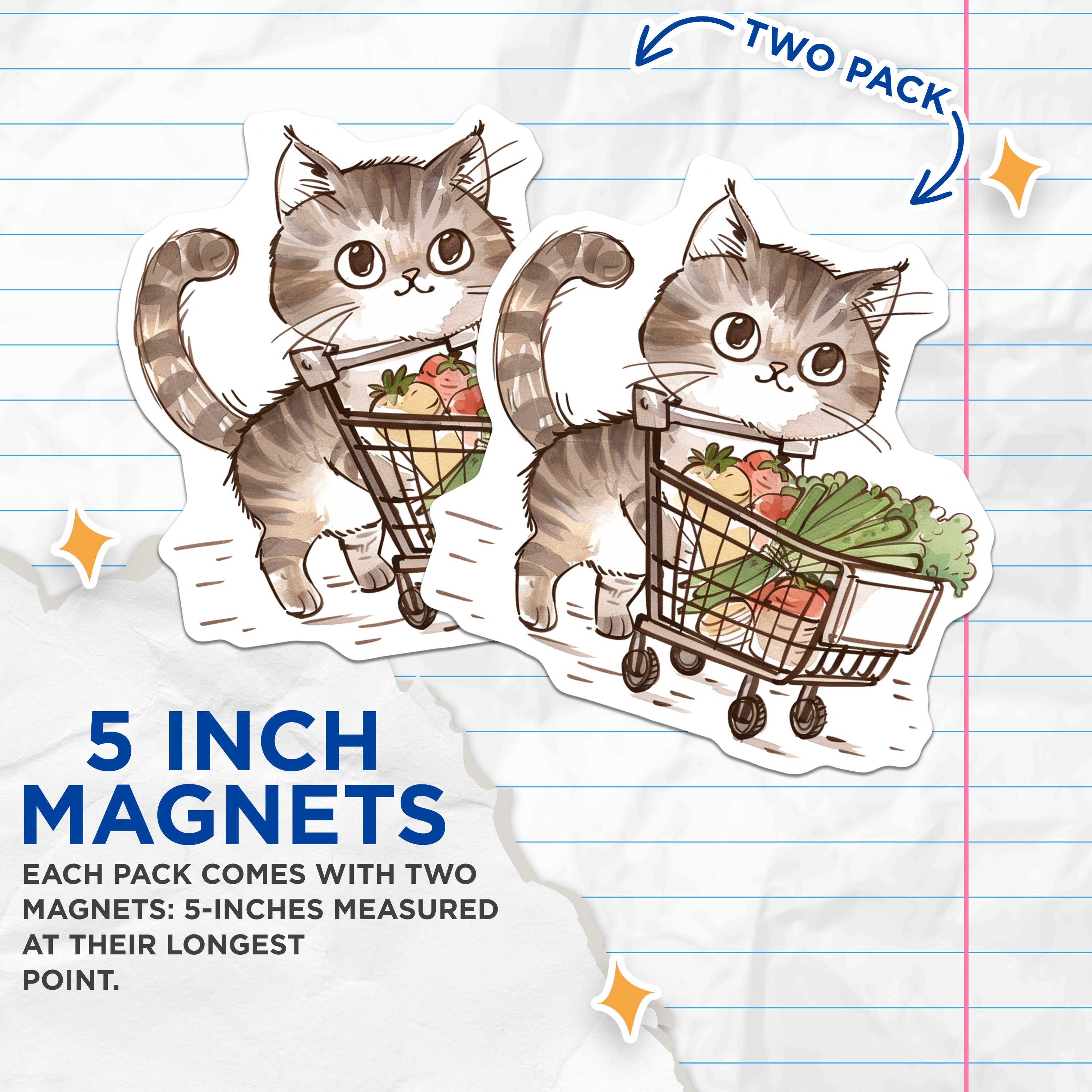 (2 Pack) Cat Grocery Shopping Magnets - Cute Animal Fridge Decor - Whimsical Kitty Shopper Art - 5 Inches On Longest Side - Thick Durable Magnet - Made in USA - MAG37528