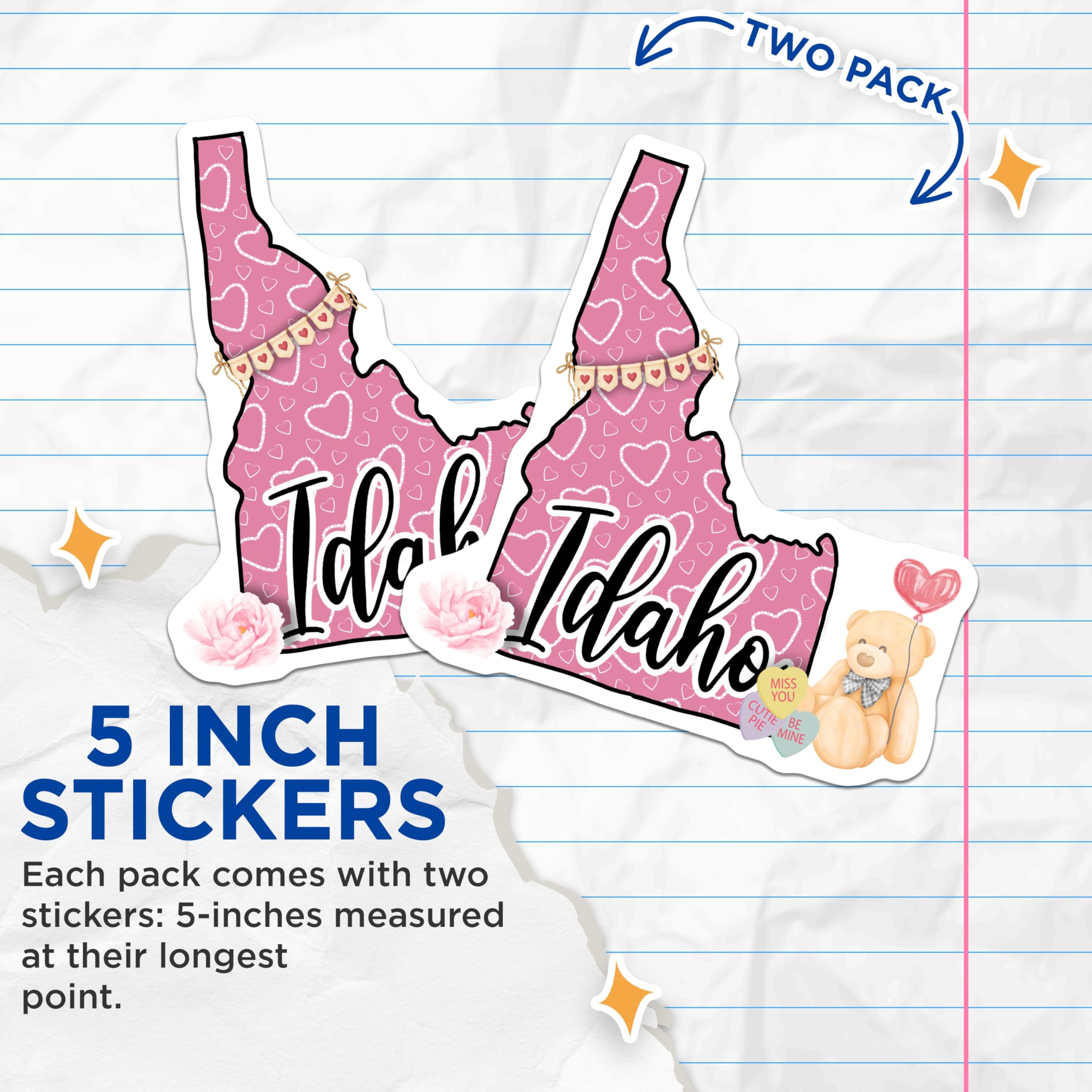 (2 Pack) Idaho Stickers - Valentine's Day Stickers - Cute Teddy Bear Stickers - 5" On Longest Side - Sticks to Smooth Flat Surfaces - Made in USA - BMCS18080