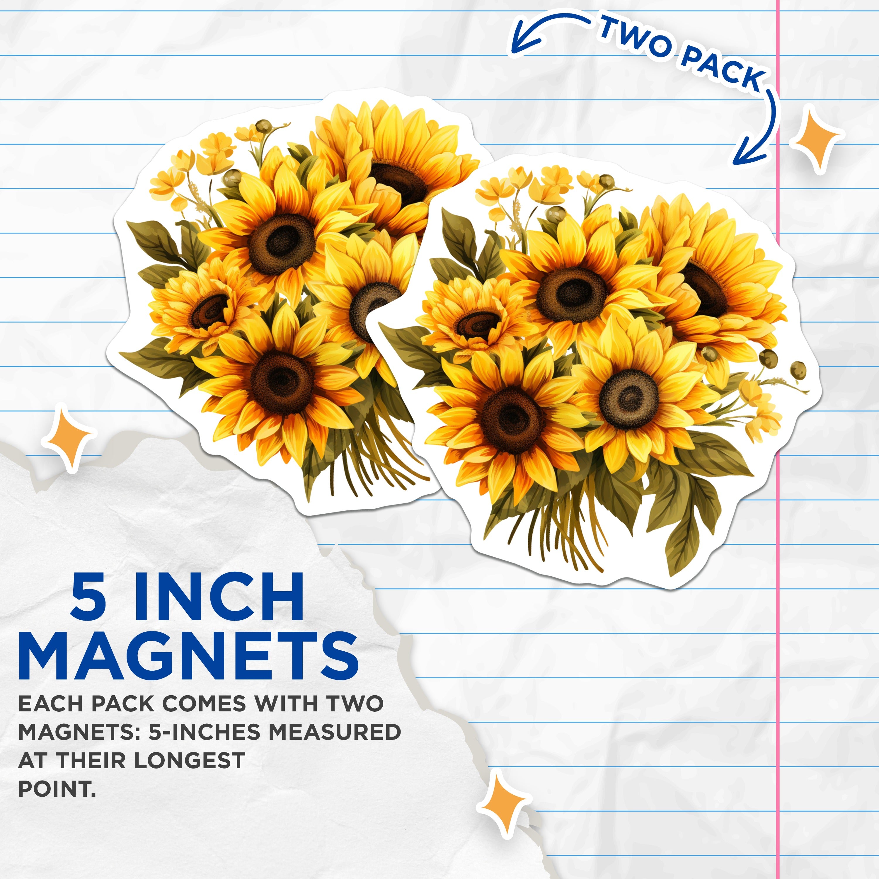 (2 Pack) Sunflower Magnets - Farmhouse Kitchen Decor - Vibrant Floral Home Accent - 5 Inches On Longest Side - Thick Durable Magnet - Made in USA - MAG36552