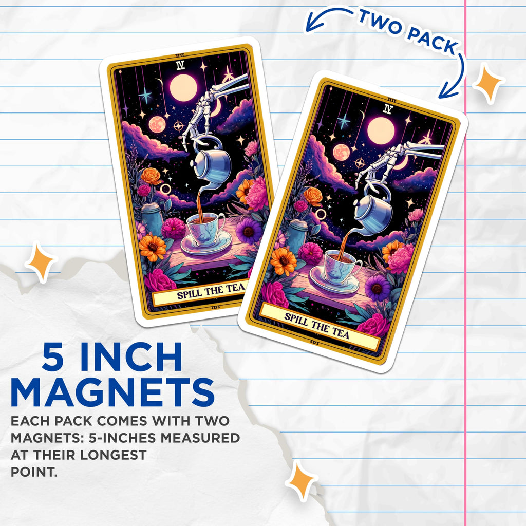 (2 Pack) Spill The Tea Magnets - Mystical Skeleton Hand Teacup - Celestial Tarot Card Cosmic Floral Night Sky Decor - 5 Inches On Longest Side - Thick Durable Magnet - Made in USA - MAG24502