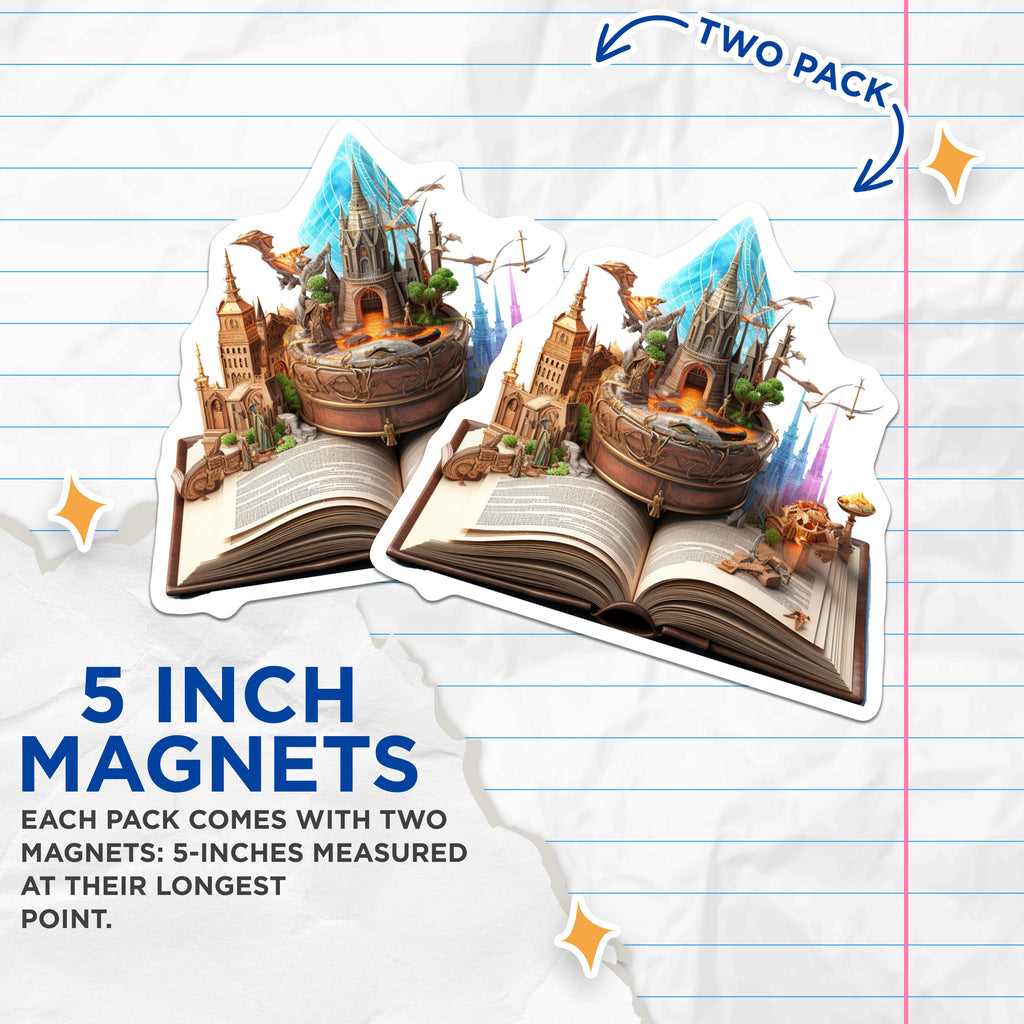 (2 Pack) Fantasy Book Magnets - Dragon Castle Realm - Dark Academia Storyteller Gamer - 5 Inches On Longest Side - Thick Durable Magnet - Made in USA - MAG38427