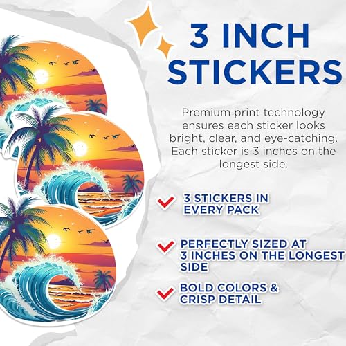 (3 Pack) Beach Wave Decals - Palm Tree Sunset - Tropical Laptop Decal - 3 Inches On Longest Side - Easy Peel & Apply - Made in USA - 3MCS0875