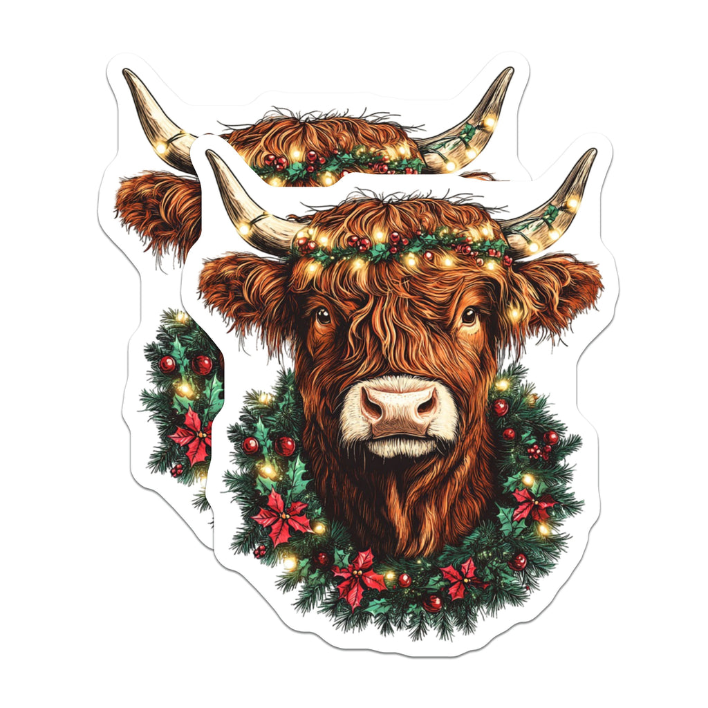 (2 Pack) Highland Cow Christmas Magnets - Festive Farm Animal Decor - Rustic Holiday Kitchen Accessory - 5 Inches On Longest Side - Thick Durable Magnet - Made in USA - MAG36855