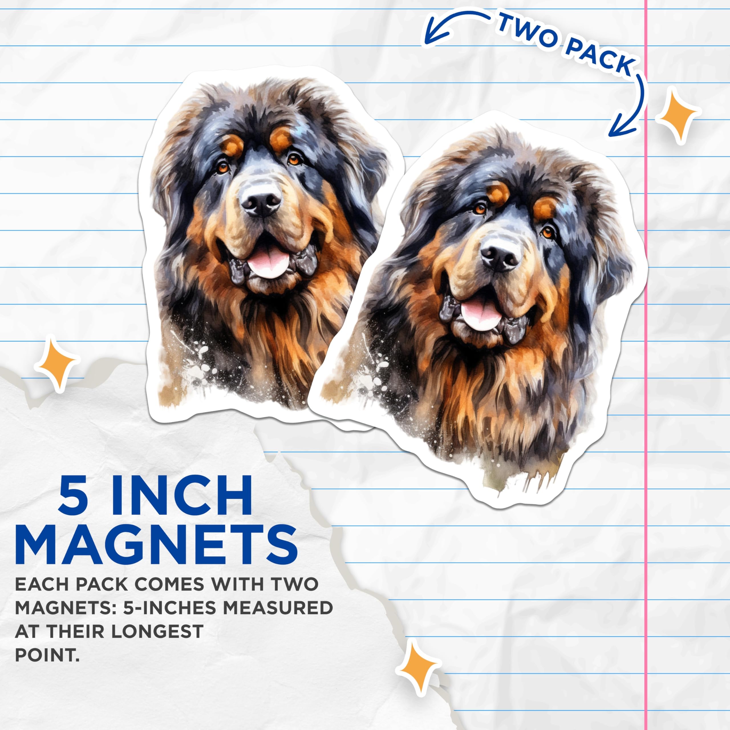 (2 Pack) Tibetan Mastiff Magnets - Watercolor Dog Art - Pet Lover Decor - 5 Inches On Longest Side - Thick Durable Magnet - Made in USA - MAG24300