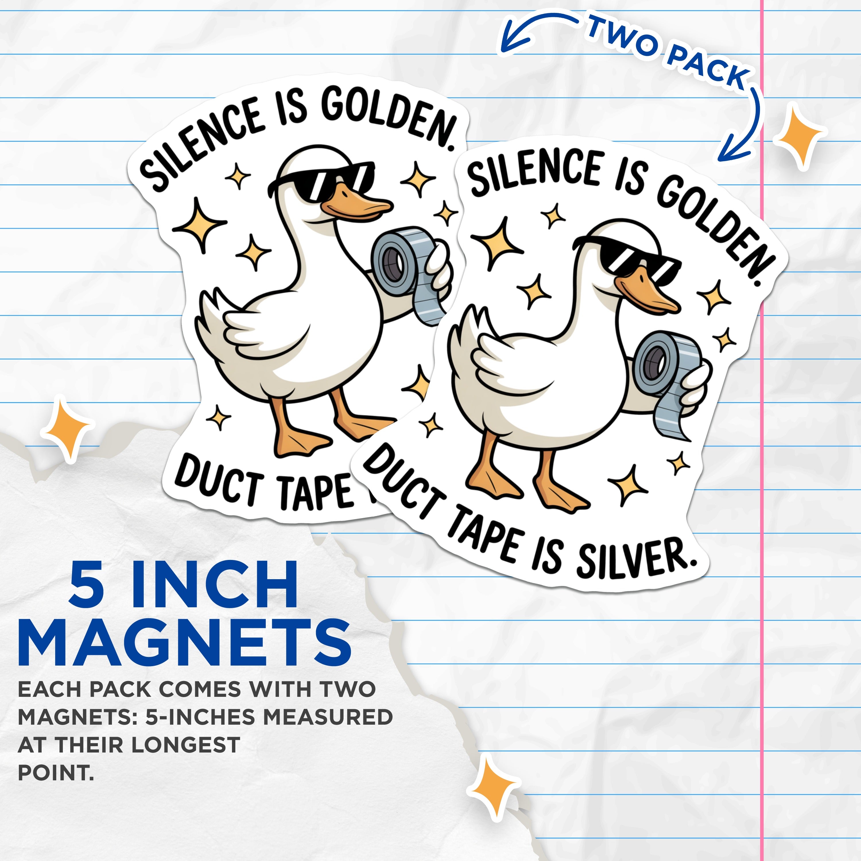 (2 Pack) Funny Duck Magnets - Silence is Golden - Duct Tape is Silver Joke - Sarcastic Humor Gift - 5 Inches On Longest Side - Thick Durable Magnet - Made in USA - MAG38786