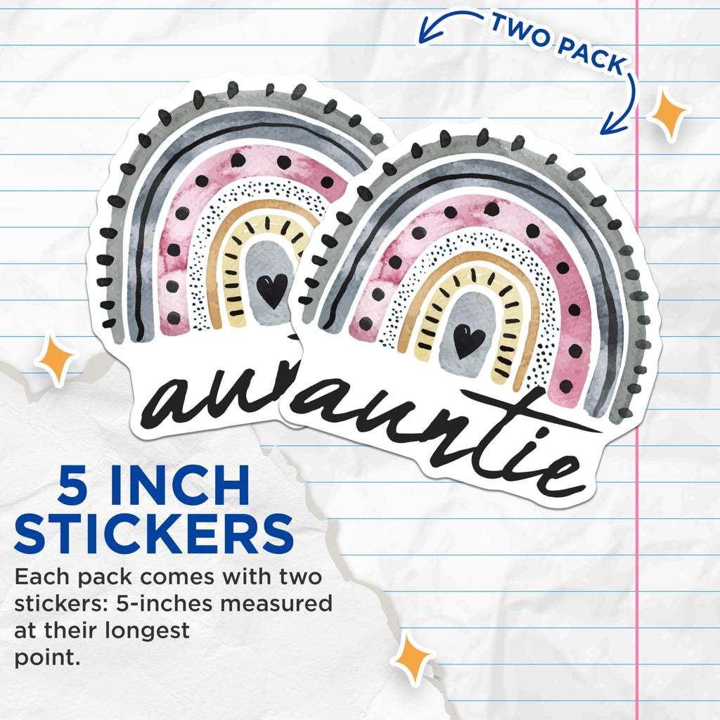 (2 Pack) Auntie Stickers - Rainbow Aunt Stickers - Cute Auntie Decal for Water Bottles and Laptops - 5" On Longest Side - Sticks to Smooth Flat Surfaces - Made in USA - BMCS9334