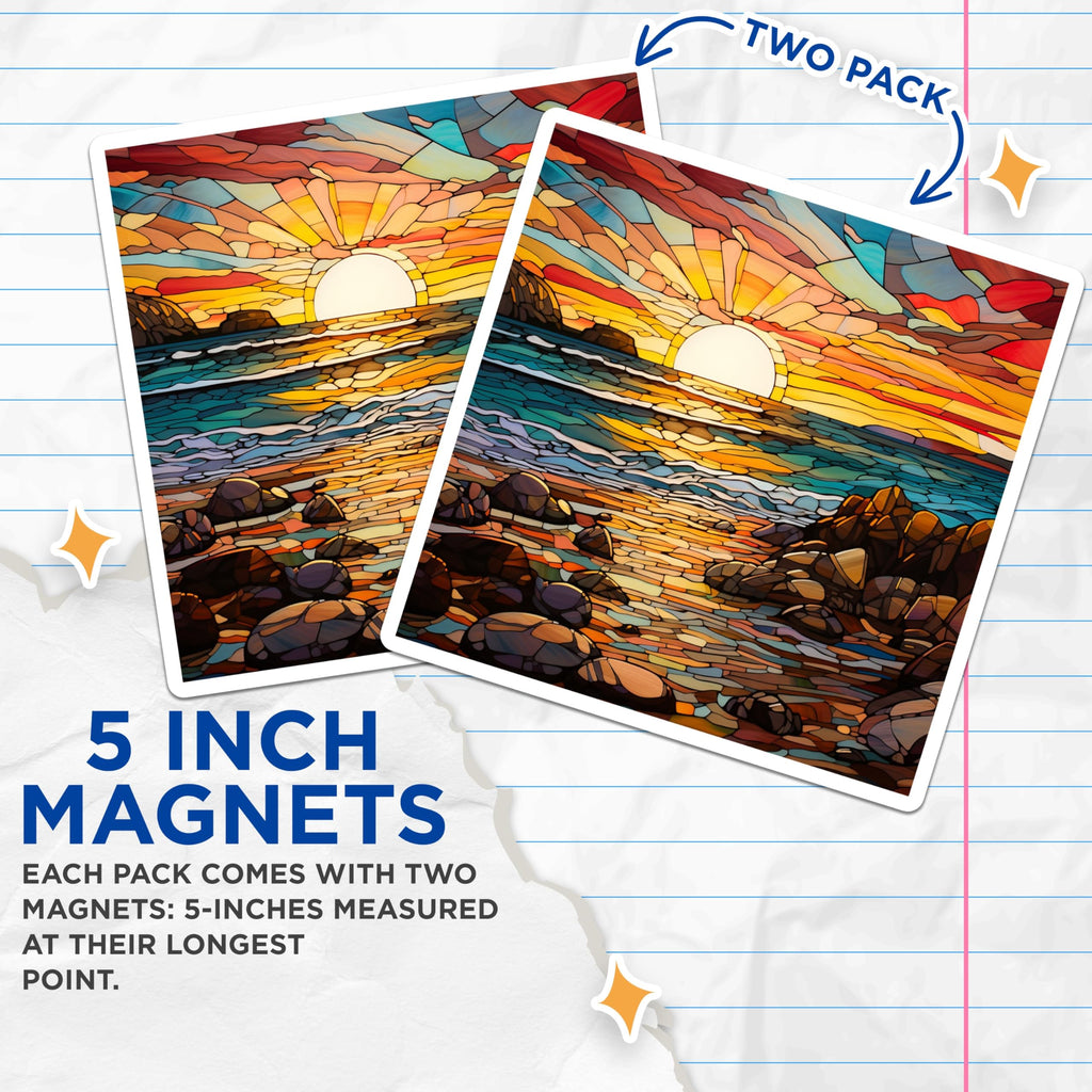 (2 Pack) Stained Glass Sunset Magnets - Ocean Beach Decor - Coastal Landscape Art - Refrigerator Accessory - 5 Inches On Longest Side - Thick Durable Magnet - Made in USA - MAG27567