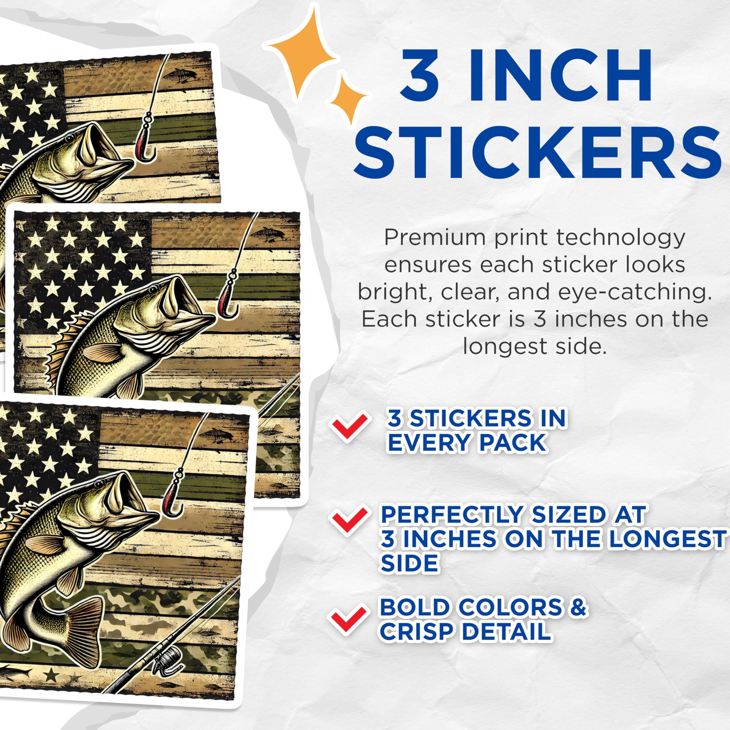 (3 Pack) Bass Fishing Decals - American Flag Fish - Laptop Decal - Tackle Box Sticker - 3 Inches On Longest Side - Easy Peel & Apply - Made in USA - 3MCS4466