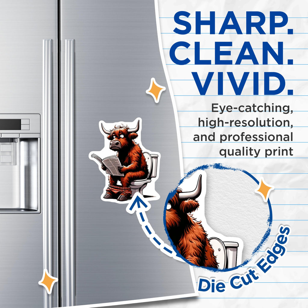 (2 Pack) Highland Cow Magnets - Funny Animal Magnets - Reading Newspaper - Bathroom Decor - 5" On Longest Side - Premium Magnet - for Cars, Refrigerators, Toolboxes, Lockers - Made in USA - MAG15209