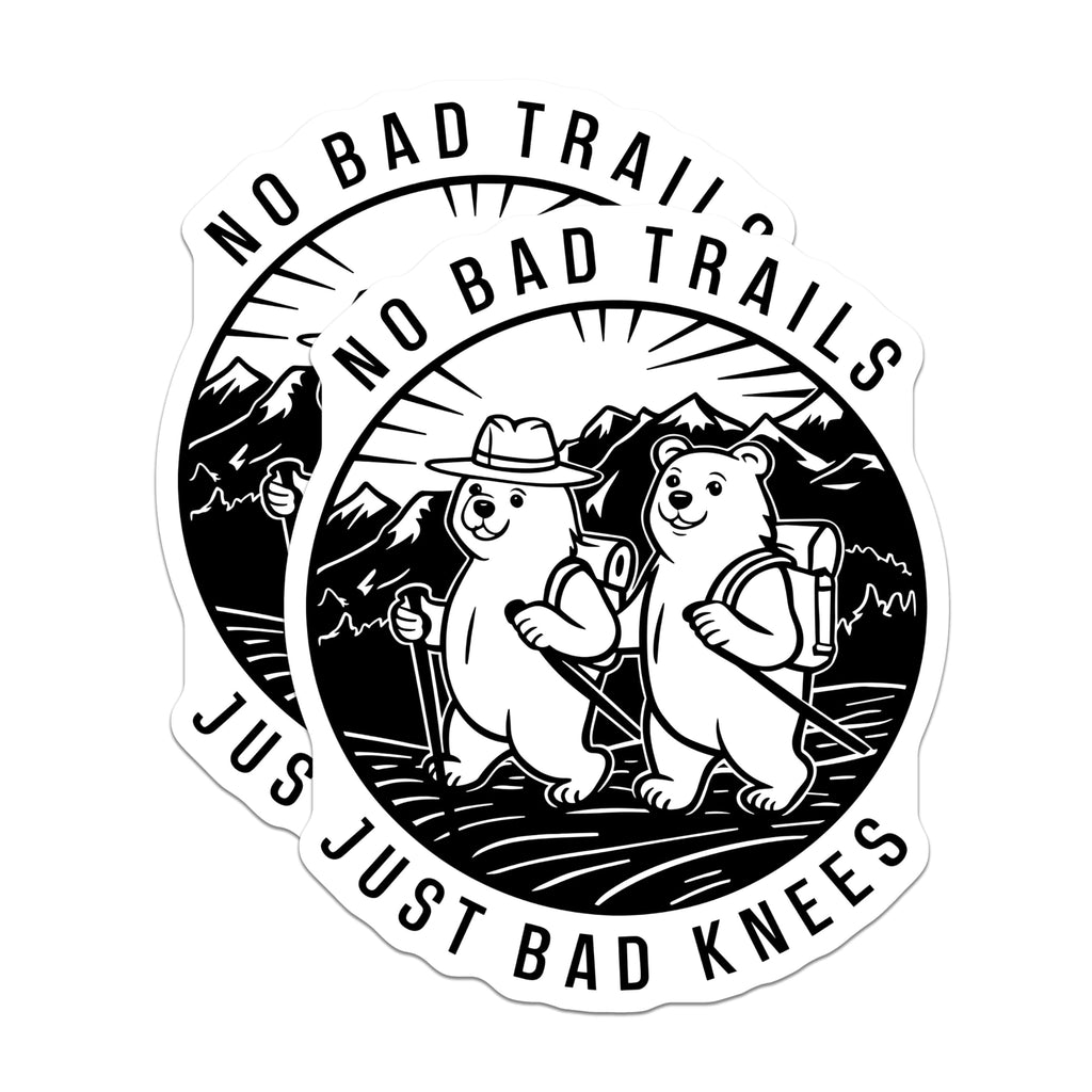 (2 Pack) Hiking Magnets - No Bad Trails Just Bad Knees - Adventure Decor - Backpacking - Bear Designs Mountaing - 5" On Longest Side - for Cars, Fridges, Toolboxes - Made in USA - MAG5593