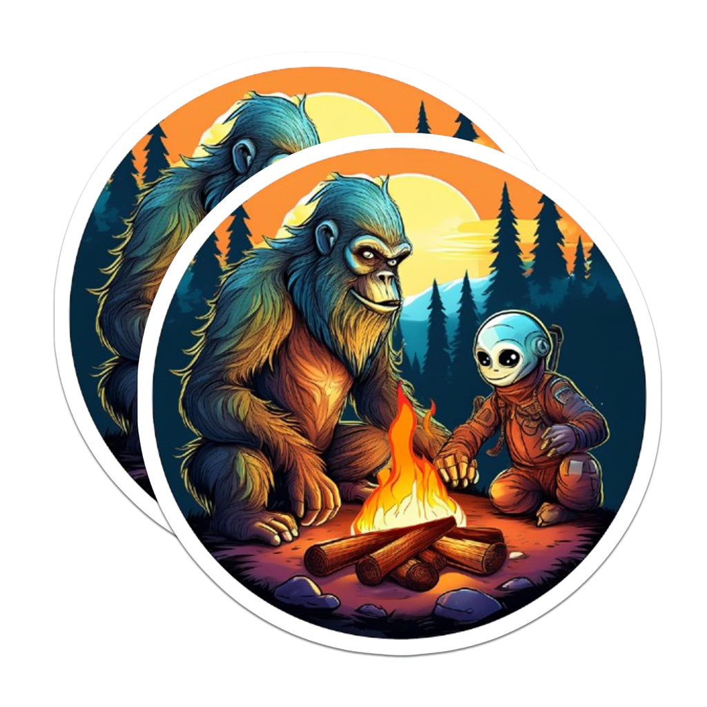 (2 Pack) Bigfoot Alien Campfire Stickers - Sasquatch Extraterrestrial Art - Forest Adventure Cryptid Decal - 5" On Longest Side - Sticks to Smooth Flat Surfaces - Made in USA - BMCS21493