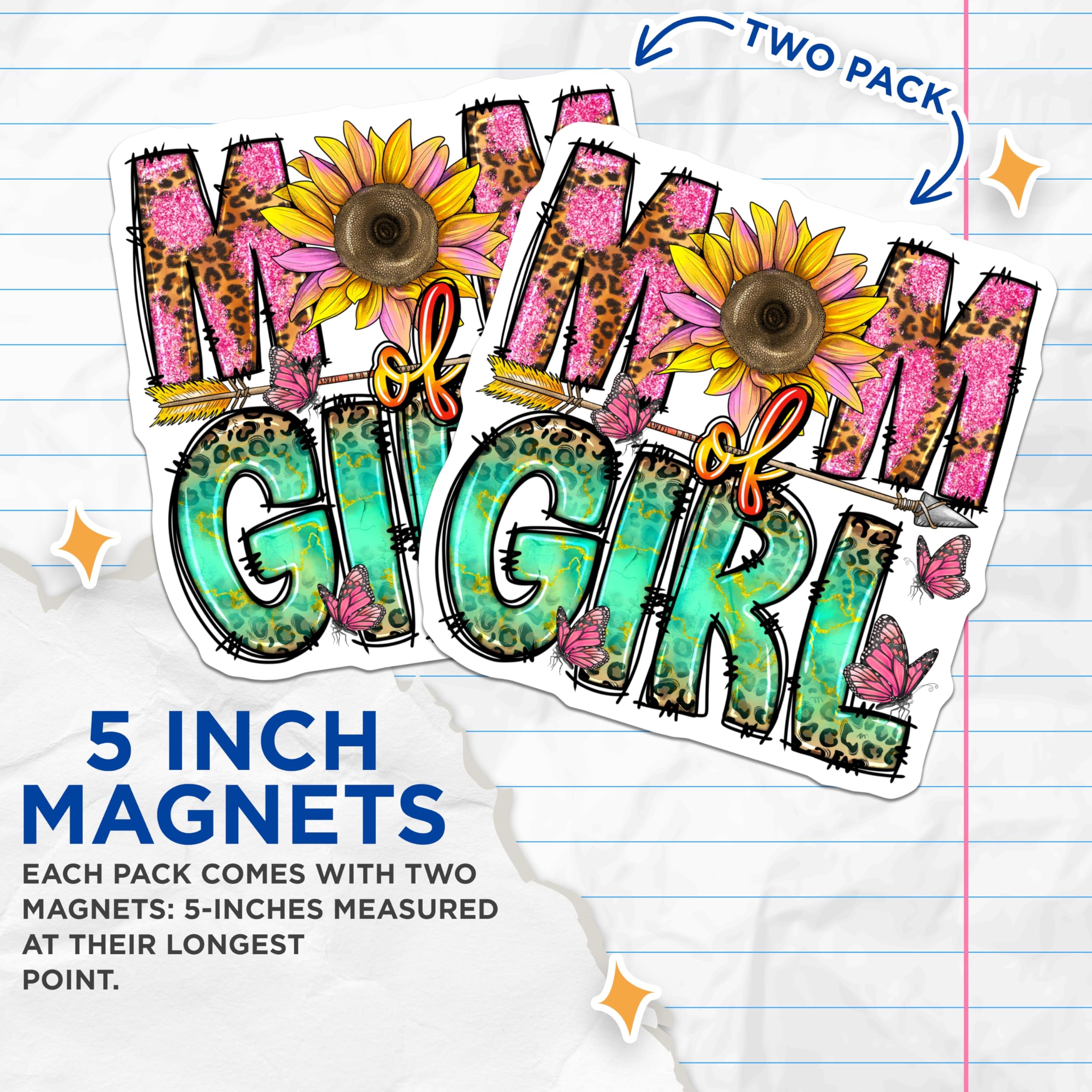 (2 Pack) Mom of Girls Magnets - Sunflower Leopard Print - Pink Glitter Boho Mama Appreciation Magnets - 5 Inches On Longest Side - Thick Durable Magnet - Made in USA - MAG26057