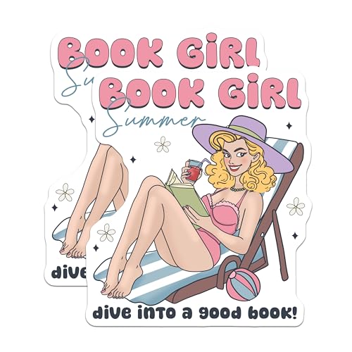 (2 Pack) Book Girl Summer Stickers - Dive Into A Good Book - Reading Enthusiast Decal - 5" On Longest Side - Sticks to Smooth Flat Surfaces - Made in USA - BMCS7282