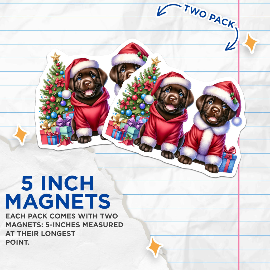 (2 Pack) Christmas Lab Puppies Magnets - Festive Dog Decor - Chocolate Labrador Fridge Accessory - 5 Inches On Longest Side - Thick Durable Magnet - Made in USA - MAG28929