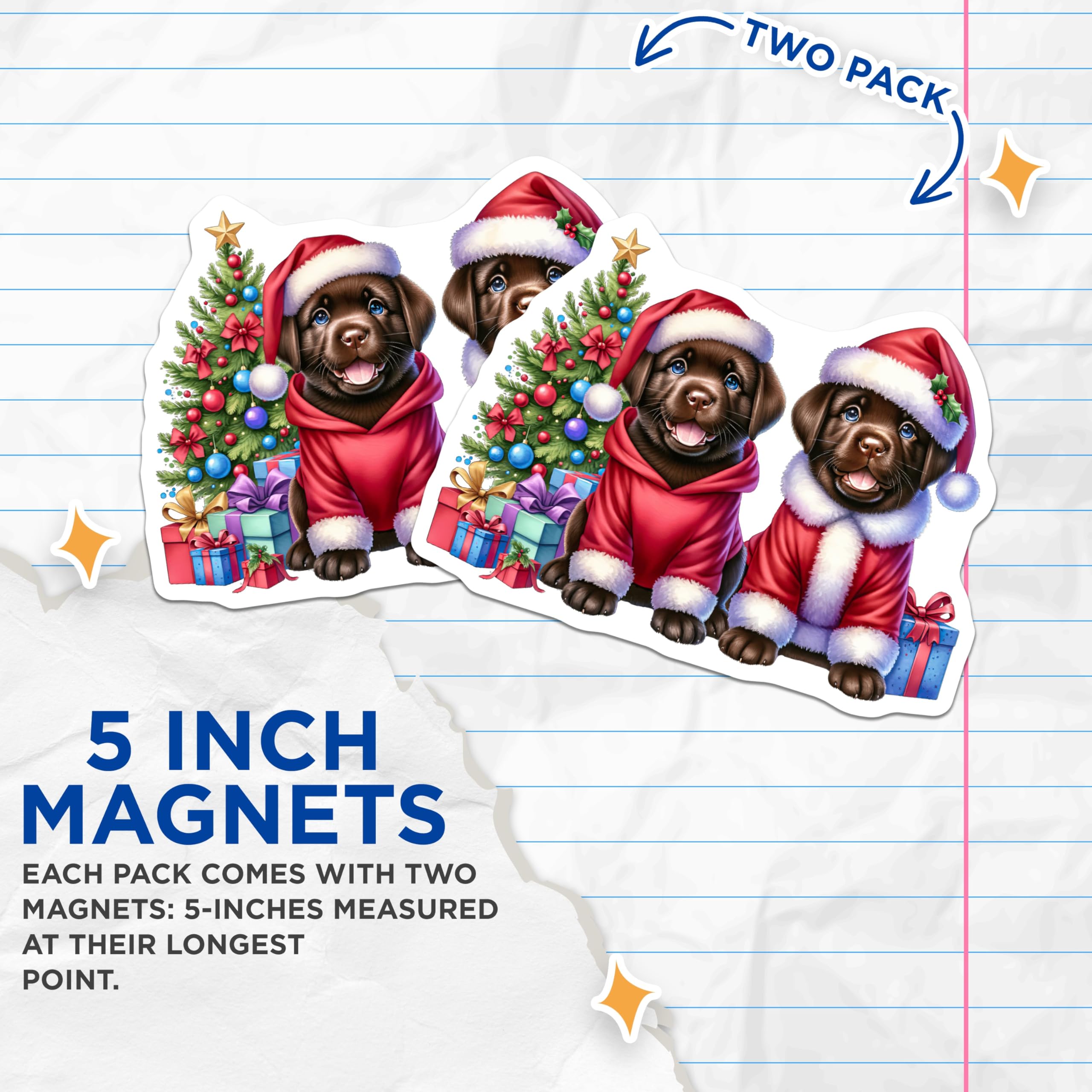 (2 Pack) Christmas Lab Puppies Magnets - Festive Dog Decor - Chocolate Labrador Fridge Accessory - 5 Inches On Longest Side - Thick Durable Magnet - Made in USA - MAG28929