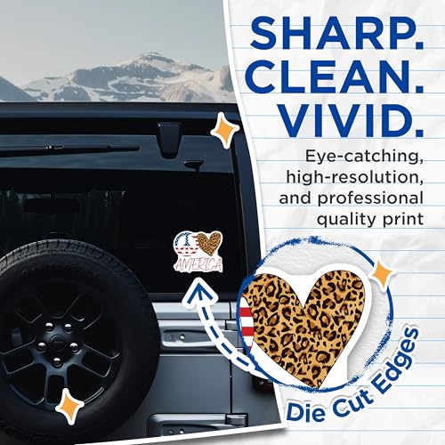 (2 Pack) Peace Love America Stickers - Patriotic Decal - Leopard Print Heart Stickers - 5" On Longest Side - Sticks to Smooth Flat Surfaces - Made in USA - BMCS5249