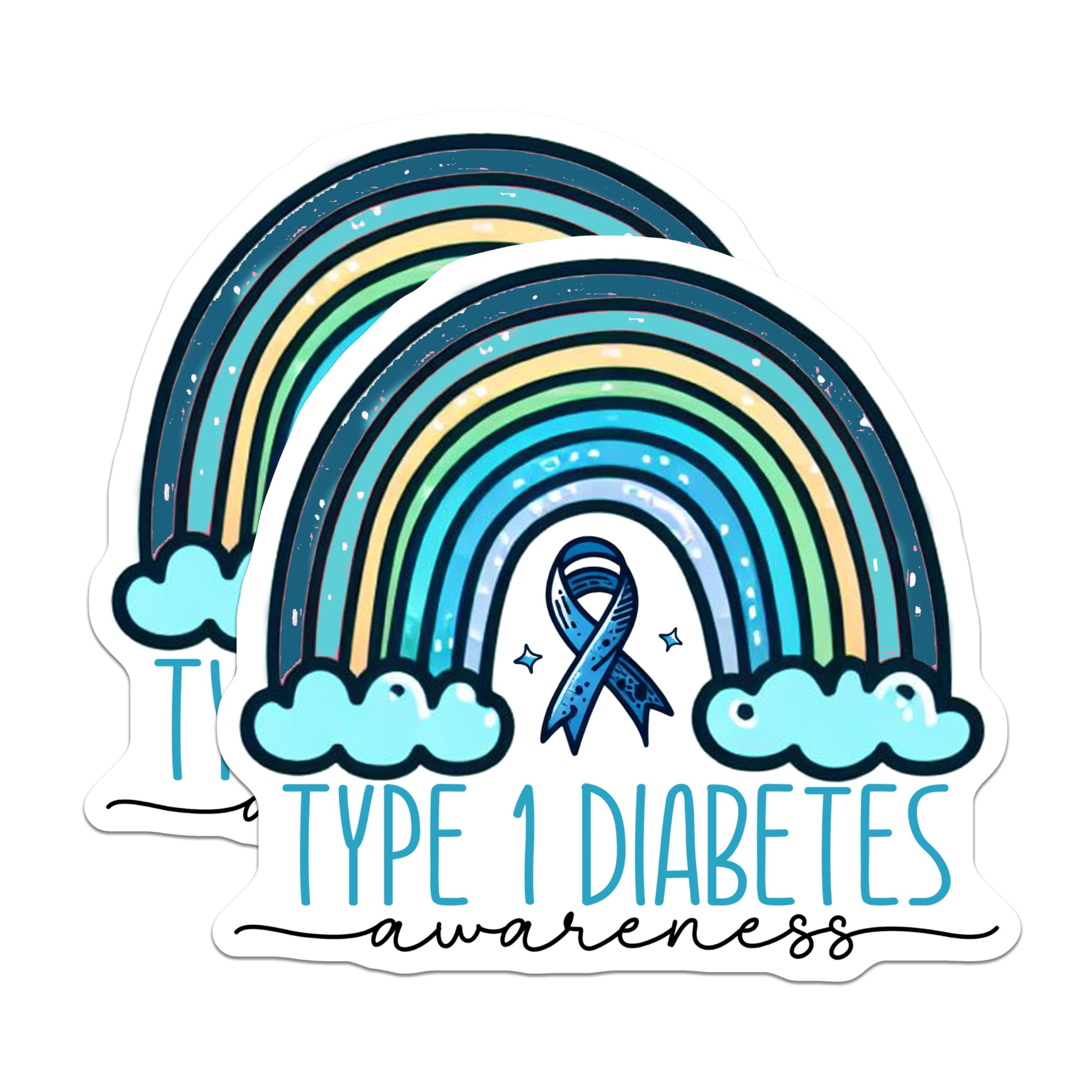 (2 Pack) Type 1 Diabetes Awareness Stickers - Blue Ribbon Stickers - Rainbow Stickers for Medical Awareness - 5" On Longest Side - Sticks to Smooth Flat Surfaces - Made in USA - BMCS3817
