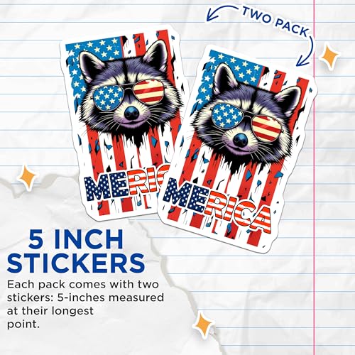 (2 Pack) Raccoon Sunglasses Stickers - American Flag - Patriotic Animal - Red White Blue Sticker - 5" On Longest Side - Sticks to Smooth Flat Surfaces - Made in USA - BMCS5907