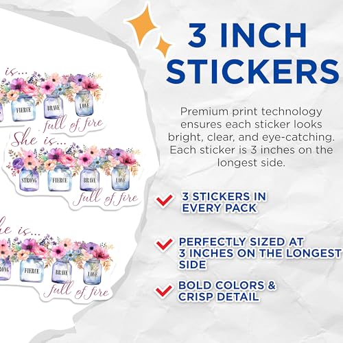 (3 Pack) She is Strong Decals - Floral Mason Jar - Inspirational Laptop Decal - 3 Inches On Longest Side - Easy Peel & Apply - Made in USA - 3MCS7345