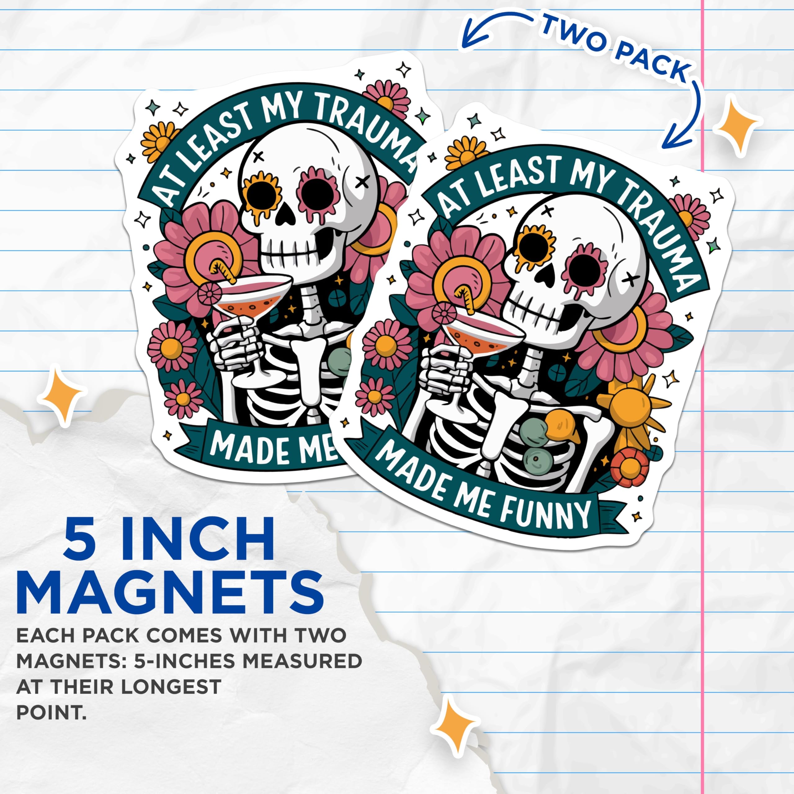 (2 Pack) Funny Trauma Magnets - Skeleton Cocktail Decor - Humorous Quote Artwork - Mental Health Humor Magnets - 5 Inches On Longest Side - Thick Durable Magnet - Made in USA - MAG22428