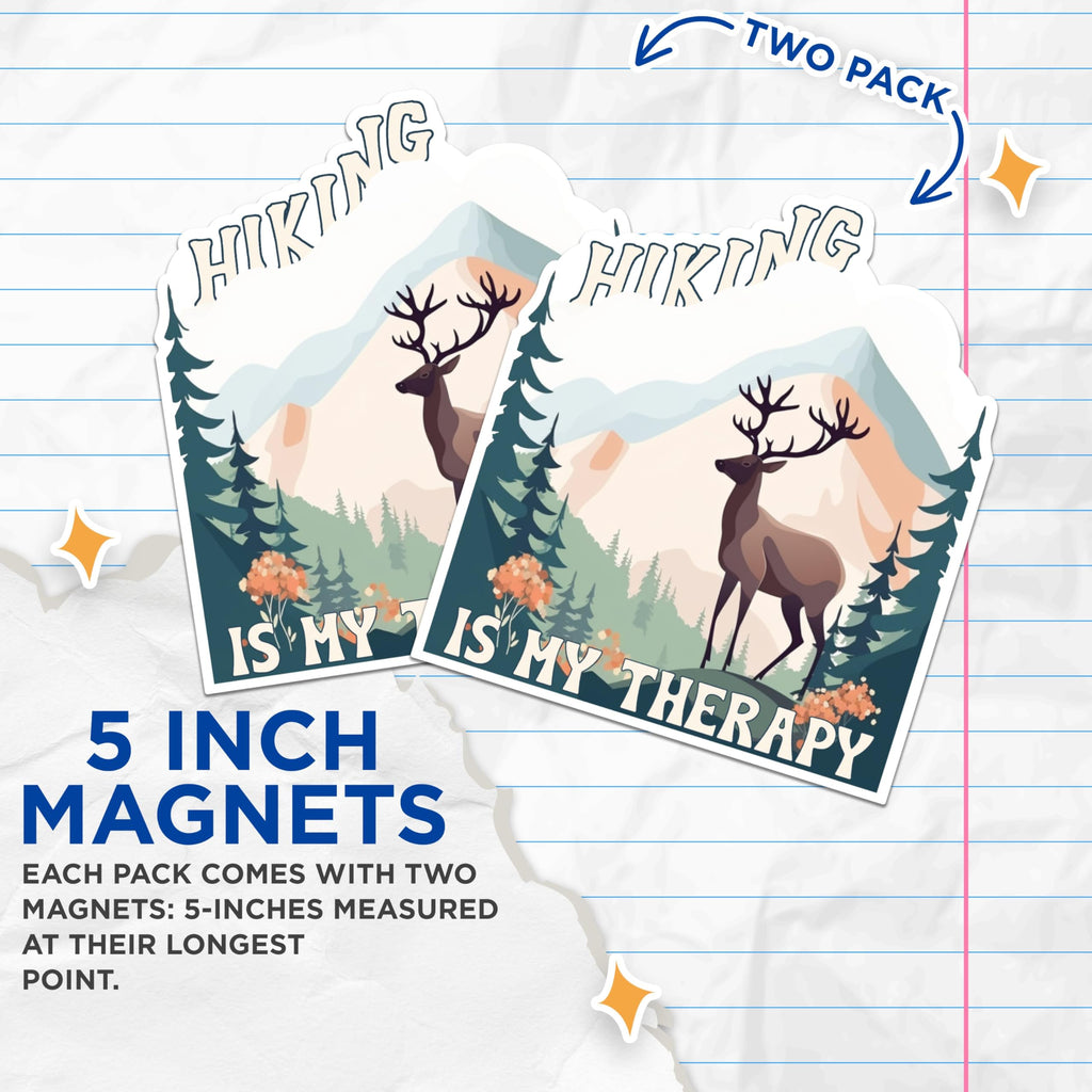 (2 Packs) Hiking is My Therapy Magnets - Hiker Hiking Nature Outdoorsman Magnets - 5 Inches On Longest Side - Premium Magnet - for Fridges, Toolboxes, Cars - Made in USA - MAG2479