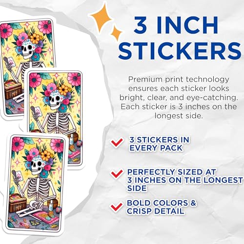 (3 Pack) Sugar Skull Decals - Dia de Muertos - Laptop Decals - 3 Inches On Longest Side - Easy Peel & Apply - Made in USA - 3MCS8180