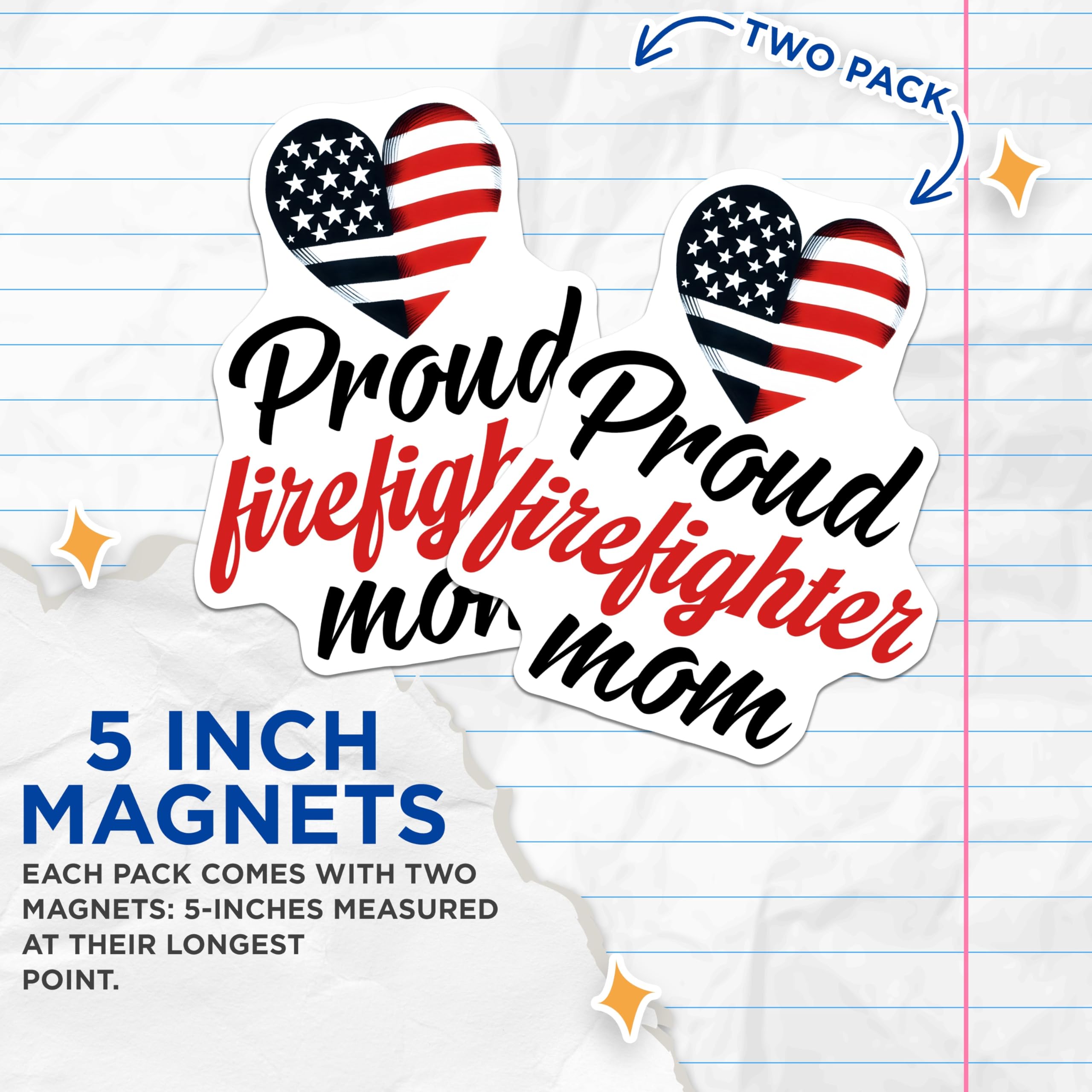 (2 Pack) Firefighter Mom Magnets - Proud Firefighter Parent - American Flag Heart - 5" On Longest Side - Premium Magnet - for Cars, Refrigerators, Toolboxes, Lockers - Made in USA - MAG15506