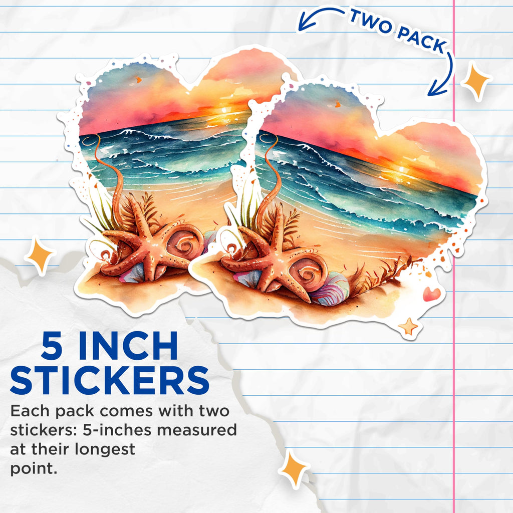 (2 Pack) Beach Sunset Stickers - Ocean Wave Stickers - Seaside Heart Stickers - 5" On Longest Side - Sticks to Any Smooth Flat Surface - Made in USA - BMCS2854