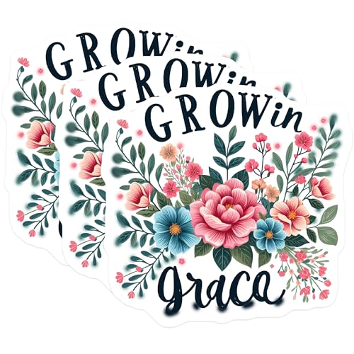 (3 Pack) Grow in Grace Decals - Floral Art - Inspirational Decals - 3 Inches On Longest Side - Easy Peel & Apply - Made in USA - 3MCS2853
